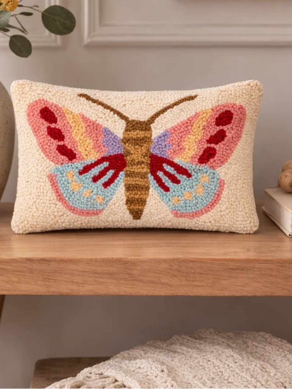 Butterfly Wool Hooked Throw Pillow Velvet Back